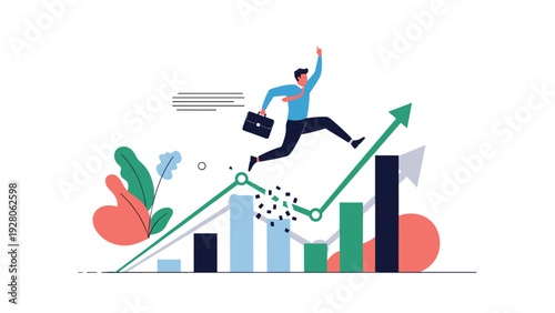 Determined businessman jumping over a gap in a breaking bar chart towards a rising green arrow representing overcoming obstacles and economic recovery.