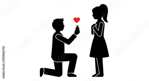 A silhouetted couple depicts a romantic proposal with a heart floating between them