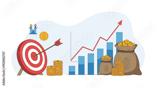 Professional businessman using a magnifying glass to examine a rising bar graph with gold coins representing successful financial analysis.