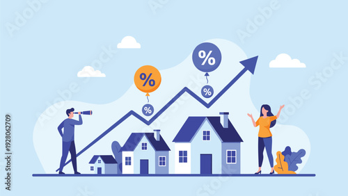 Businessman looking through a telescope at a rising arrow graph with percentage balloons over houses representing real estate market growth.