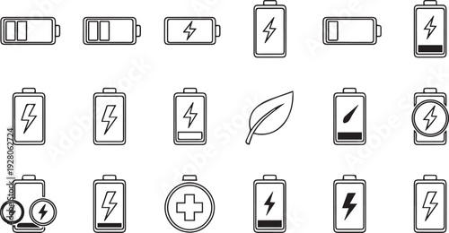 Collection of battery icons in various states of charge and symbols on Transparent Background for technology and energy concepts.