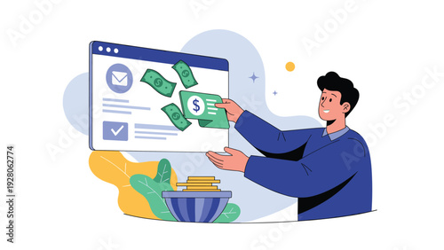 Businessman on a ladder looking through a telescope at a house on a pile of coins with a percentage sign and a growing green plant.