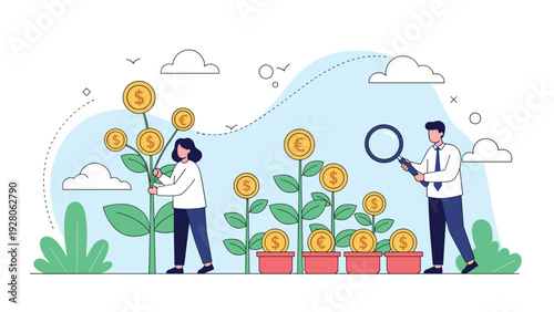 Business professionals carefully tending to money plants with gold dollar and euro coins growing in pots, financial growth and investment concept.