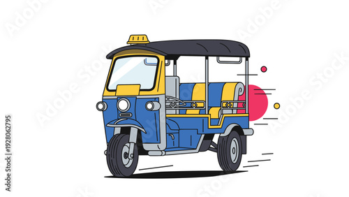 Traditional Thai tuk-tuk motorized rickshaw vehicle in blue and yellow colors, used for urban transportation and tourism in Bangkok Thailand.