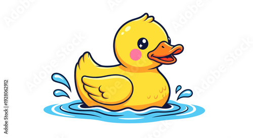 Cute Yellow Rubber Duck Floating in Water with Splashes