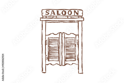 Hand drawn western clipart a rustic wooden saloon entrance with a sign and shutters on a western
