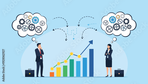 Business people thinking about complex gear mechanisms while looking at a rising financial bar chart for strategic company growth.