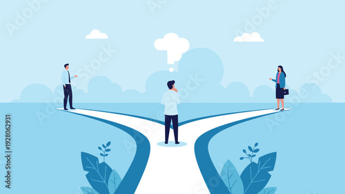 Businessman at a fork in the road thinking about which path to take towards different colleagues, representing professional career choice.
