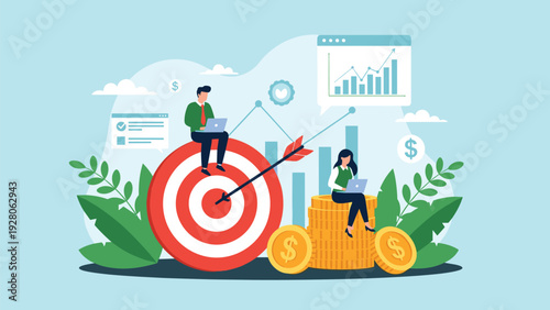 Professional business team working towards a large target with gold coins and financial growth charts for successful corporate goal setting.