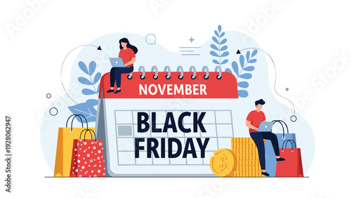 People shopping online during black friday using laptops while sitting on a giant calendar and coin stacks with many shopping bags around.