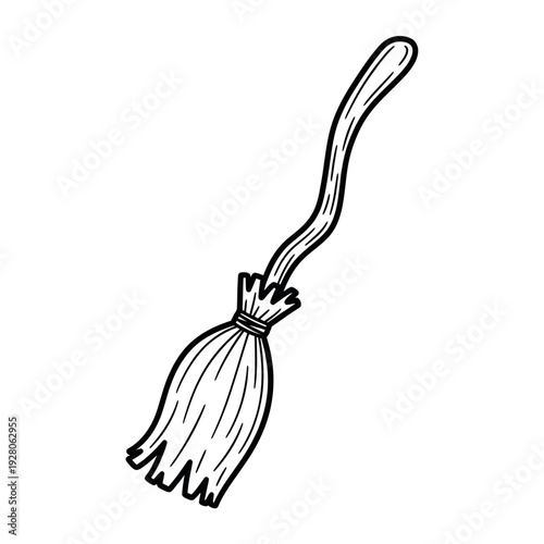 Hand-drawn illustration of a witch's broomstick, isolated on white background.