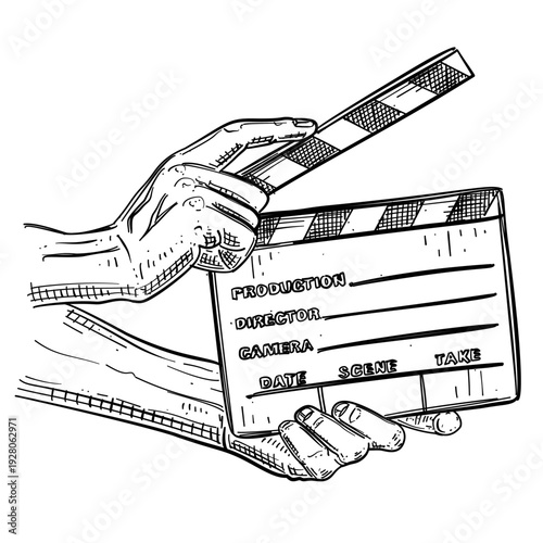 hand holding movie film clapperboard director slate vector line art hand drawn illustration