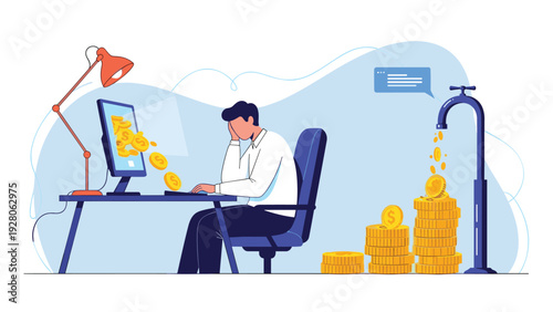 Stressed man sitting at a desk with money coins flowing out of his computer and a blue tap pouring gold coins into a large pile.