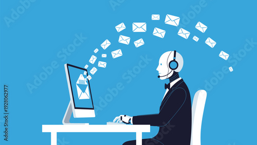 Robot assistant in a black suit working at a computer with many white email icons flying around, representing AI automated email management.