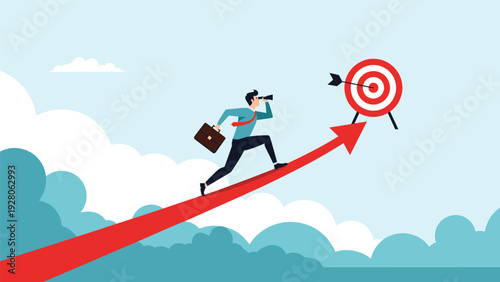 Determined businessman with binoculars running up a rising red arrow toward a target bullseye to achieve professional career success.