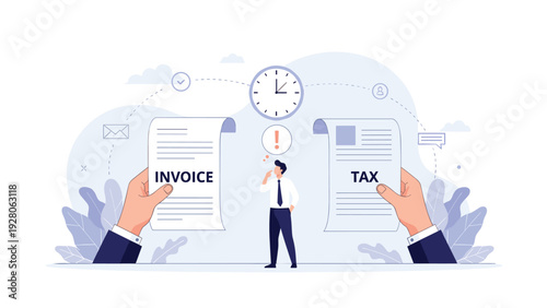 Worried businessman standing between giant hands holding an invoice and tax documents with a clock and question mark symbols.