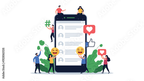 Group of small people interacting with a large smartphone screen featuring social media icons like hearts, likes, and emojis.