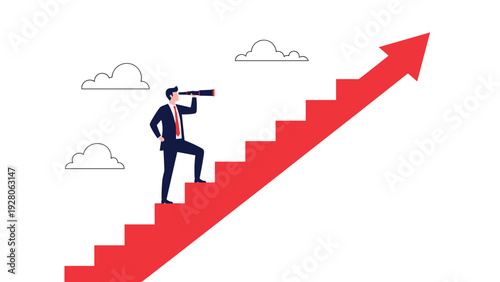 Businessman with a telescope standing on top of a red rising stairs arrow looking out at the clouds for future growth.
