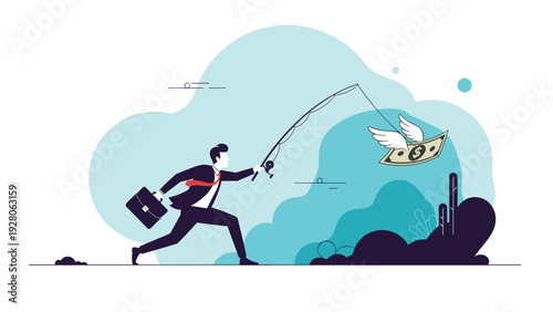 Determined businessman with a briefcase running and using a fishing rod to catch a flying dollar bill with wings in a landscape.
