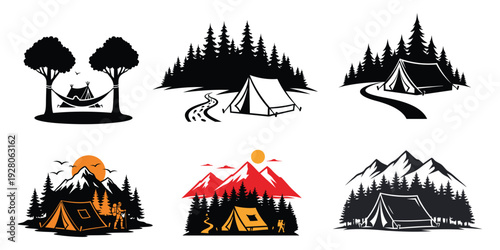 Camping Silhouette Set, Tent Mountain Forest Campfire Outdoor Adventure Vector Collection