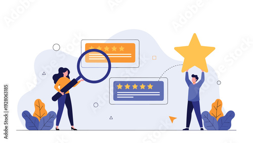 Woman with a magnifying glass examining star ratings while a man holds up a large gold star to represent quality and feedback.