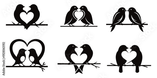 Romantic Love Birds Silhouette Forming Heart, Pair of Birds on Branch Vector Set