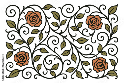 Elegant vintage floral design with roses and ornate leaves pattern