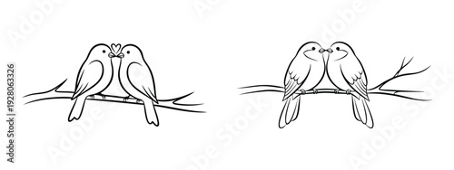 Two Cute Birds Kissing on Branch, Forming Heart Shape – Black Line Art Illustration