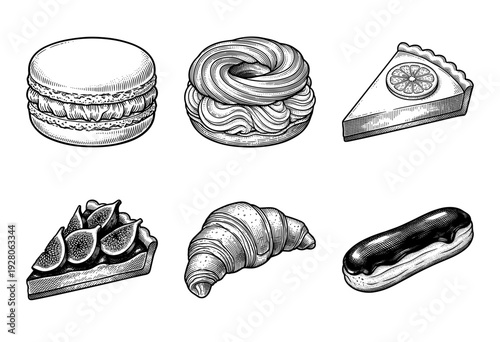 Vintage style hand drawn engraving collection of French pastries featuring macarons, croissants, éclairs, and fruit tarts on a white background.