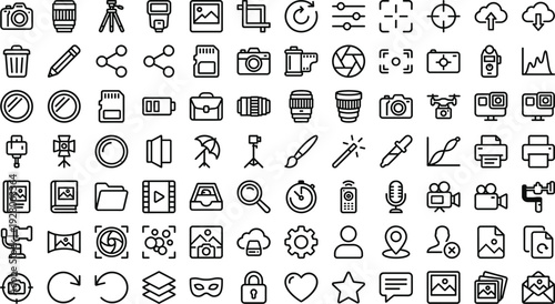 Set of 100 black line art photography and media vector icons