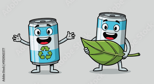 Cartoon Soda Cans with Recycling Symbol and Leaf.