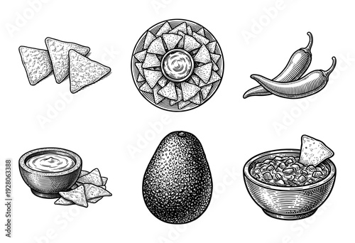 Mexican food appetizers and ingredients set featuring tortilla chips chili peppers avocado and salsa in hand drawn woodcut engraving style