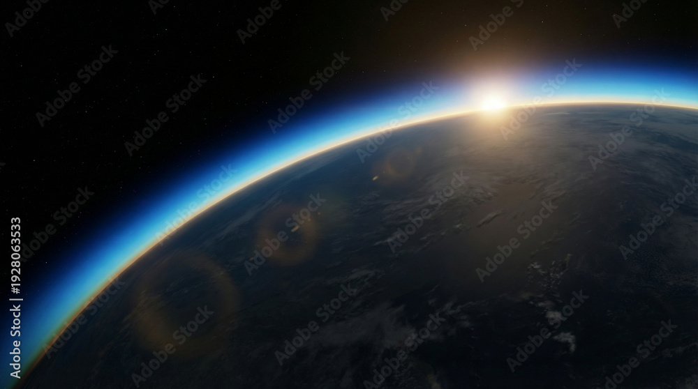 Fototapeta premium Sunrise Over Earth From Space Showing Curvature and Atmospheric Glow With Stars and Lens Flares.
