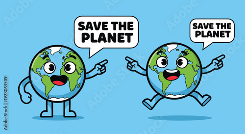 Cartoon Earth Characters Saving Planet Together.
