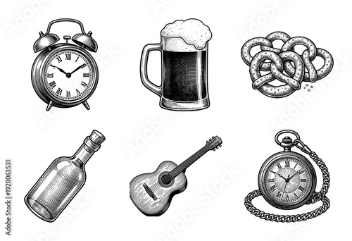 Set of vintage woodcut style illustrations featuring an alarm clock, beer mug, pretzel, glass bottle, acoustic guitar, and pocket watch.