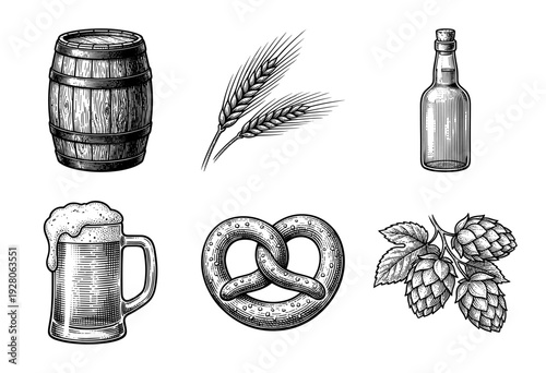 Vintage brewery collection featuring wood barrel, wheat stalks, glass bottle, beer mug with foam, salted pretzel, and hops in a detailed woodcut engraving style.