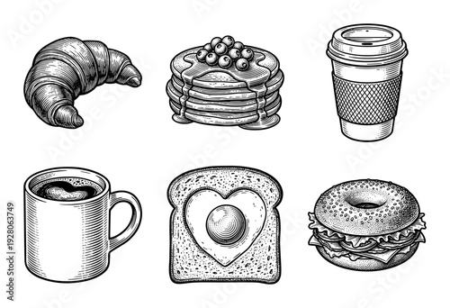Vintage style engraving collection of breakfast food and cafe items including croissant pancakes coffee mug and bagel sandwich