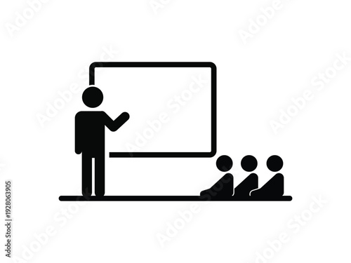 Teacher presenting at a whiteboard to students, minimalist icon for education and learning concepts