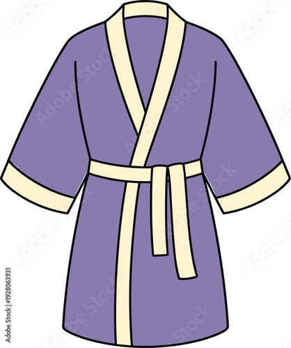 Purple bathrobe with beige trim and belt isolated on white background, cartoon style home clothing illustration for spa, bathroom and relaxation concept