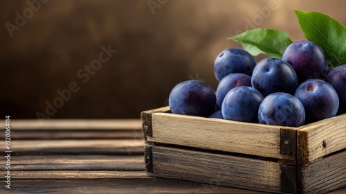 A rustic wooden crate filled with fresh, ripe plums resting on a textured brown surface