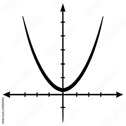 parabola curve on a coordinate plane with arrowed X and Y axes and tick marks, clean minimal math graph icon. Perfect for math education, algebra worksheets, school posters, textbooks, tutoring.