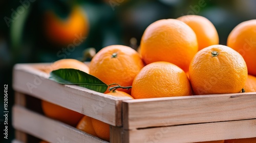 A wooden crate filled with vibrant oranges, showcasing their rich color and freshness
