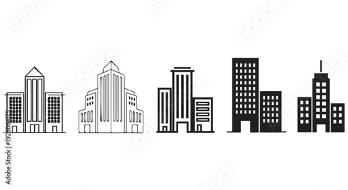 Black and white city skyline with various buildings and buildings in different styles and styles.