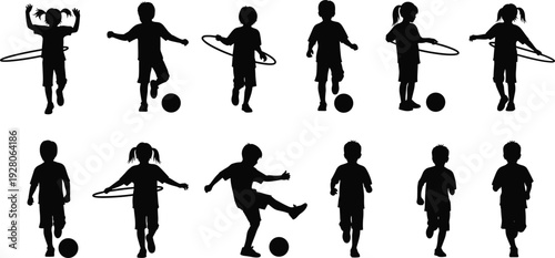 Children playing silhouettes collection, kids running jumping with ball and hula hoop vector illustration isolated on white background
