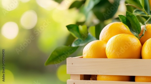 A close-up view of fresh oranges in a wooden crate set against a blurred natural background
