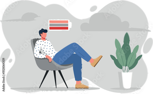 Tired Man Relaxing on Chair with Low Battery Indicator Vector Illustration Representing Mental Fatigue, Energy Depletion, Burnout and Need for Rest Concept