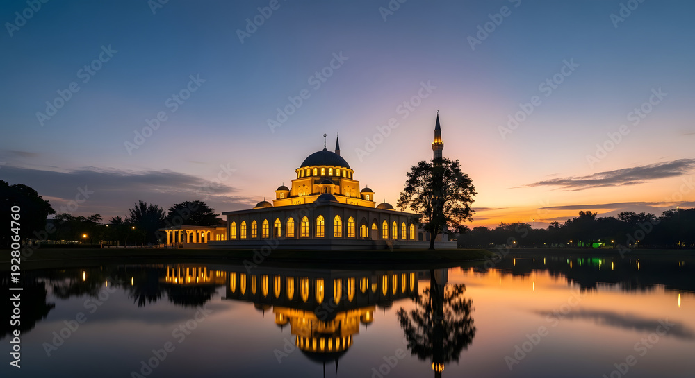 Obraz premium Golden mosque reflected in water at sunset
