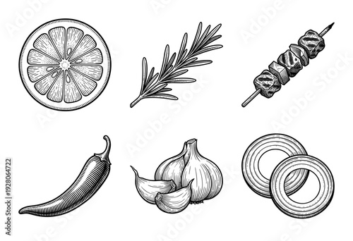 Vintage hand drawn culinary ingredients and grilled meat skewer set in engraved woodcut style.