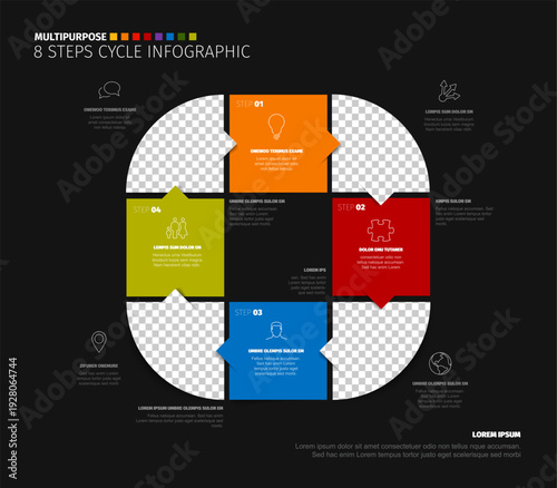 Professional 8 steps infographic template for business presentations. This 8 steps infographic features a dark background, colorful square blocks, and cycle icons for data visualization.