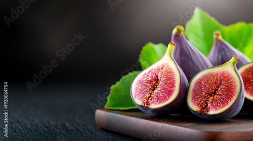 Fresh figs split open to reveal vibrant pink flesh, surrounded by green leaves on a dark surface